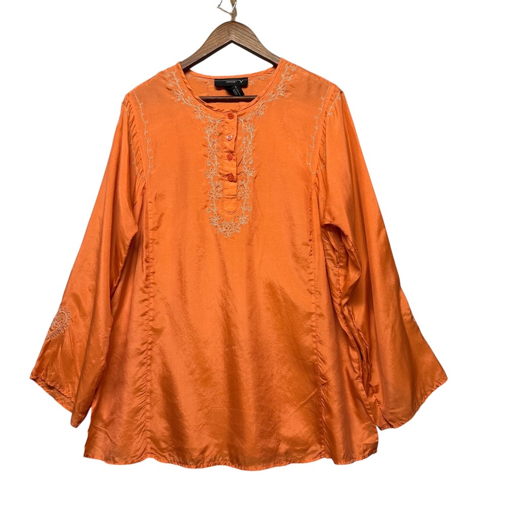 Womens Tunic Top Sz 14/16 Orange Boho Silk Blend Embroidered Resortwear Vacation